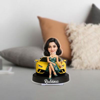Personalized Yellow car leady Booblehead Caricature for Girls Battery Powered Moving Head Feature | Birthday Gift for Daughter, Sister, Mom & Lady Boss | Tabletop Decor
